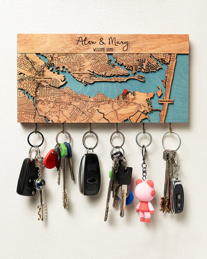 Custom Coordinates/City Map, Key Rack with Hooks, Housewarming Gifts for Couples,