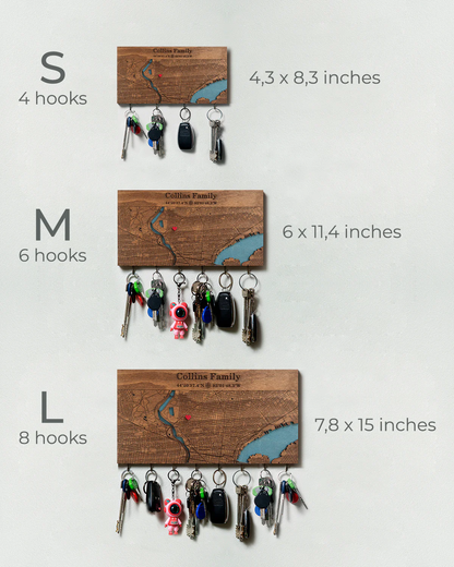 Custom Coordinates/City Map, Key Rack with Hooks, Housewarming Gifts for Couples,